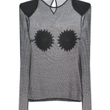 Glittered Weave See Through Top With Patent Flower Detail