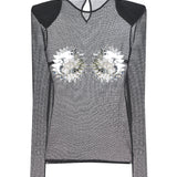 Glittered Weave See Through Top With Patent Flower Detail