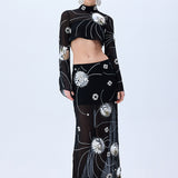 Black Sequined Chiffon Top With Patent Flowers And Flare Sleeves