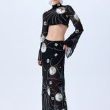 Black Sequined Chiffon Top With Patent Flowers And Flare Sleeves
