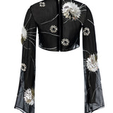 Black Sequined Chiffon Top With Patent Flowers And Flare Sleeves