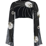 Black Sequined Chiffon Top With Patent Flowers And Flare Sleeves
