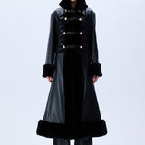 Black Leather Coat With Fur Finishing And Black Velvet Embroidery