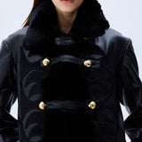Black Leather Coat With Fur Finishing And Black Velvet Embroidery