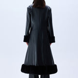 Black Leather Coat With Fur Finishing And Black Velvet Embroidery
