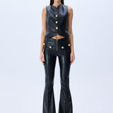 Black Leather Stretchy Vest With Gold Buttons