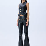 Black Leather Stretchy Vest With Gold Buttons