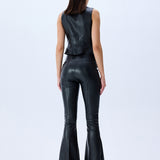 Black Leather Stretchy Vest With Gold Buttons