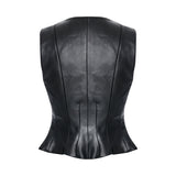 Black Leather Stretchy Vest With Gold Buttons