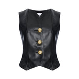 Black Leather Stretchy Vest With Gold Buttons
