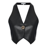 Black Leather Backless Vest With Rv Stamped Buttons