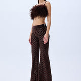 Brown Sequined Net Flare Pants With Velvet Lining