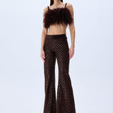 Brown Sequined Net Flare Pants With Velvet Lining