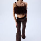 Brown Sequined Net Flare Pants With Velvet Lining