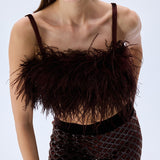 Brown Sequined Net Flare Pants With Velvet Lining