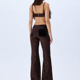 Brown Sequined Net Flare Pants With Velvet Lining