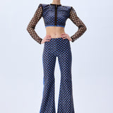 Brown Sequined Net Flare Denim Pants