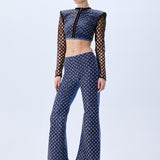 Brown Sequined Net Flare Denim Pants