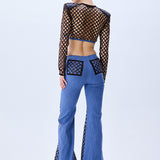 Brown Sequined Net Flare Denim Pants