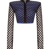 Brown Sequined Net Jacket With Denim Lining And Gold Zipper