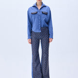 Denim Shirt With Brown Sequined Net Pockets