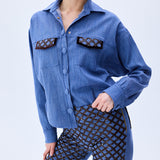 Denim Shirt With Brown Sequined Net Pockets