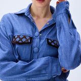 Denim Shirt With Brown Sequined Net Pockets