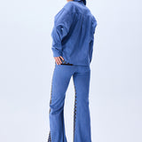 Denim Shirt With Brown Sequined Net Pockets