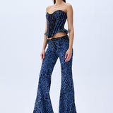 Leopard Velvet Printed Denim Flare Pants