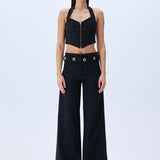 Denim Stretchy Wide Leg Pants With Rv Stamped Button Detailed Belt