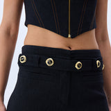 Denim Stretchy Wide Leg Pants With Rv Stamped Button Detailed Belt