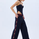 Navy Stretchy Wide Leg Pants With RV Stamped Buttons