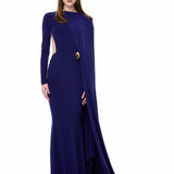 Sapphire Jersey Dress With One-Shouldered Cape Detail And Gold Metallic Button
