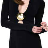 Black Jersey Mini Dress With Gold Metallic Button