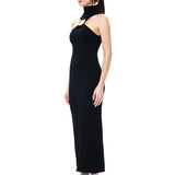 Black Jersey Halter Neck Midi Dress With Gold Metallic Button