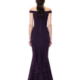 Plum Jersey Off Shoulder Dress With Ruffled Godet Details