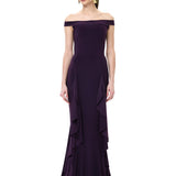 Plum Jersey Off Shoulder Dress With Ruffled Godet Details