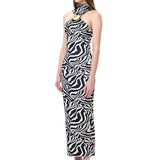 Zebra Knitted Halter Neck Midi Dress With Gold Button