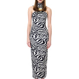 Zebra Knitted Halter Neck Midi Dress With Gold Button