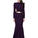 Plum Jersey Dress With Shawl Drape And Gold Byzantine Belt