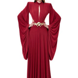 Brick Jersey Dress With Long Ruched Sleeves And Gold Byzantine Belt