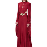 Brick Jersey Dress With Long Ruched Sleeves And Gold Byzantine Belt
