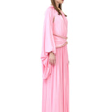 Pink Jersey Ruched Dress With Wide Sleeve And Crystal Rope Detail