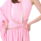 Pink Jersey Ruched Dress With Wide Sleeve And Crystal Rope Detail