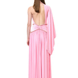 Pink Jersey Ruched Dress With Wide Sleeve And Crystal Rope Detail