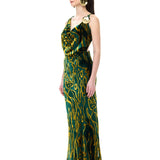 Green Chiffon Cowl-Neckline Maxi Dress With Velvet Print