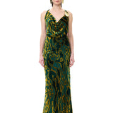Green Chiffon Cowl-Neckline Maxi Dress With Velvet Print