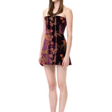 Burgundy Velvet Crystal Embellished Mini Dress With Chiffon Print