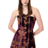Burgundy Velvet Crystal Embellished Mini Dress With Chiffon Print