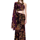 One-Shouldered Velvet Dress With Cut-Outs And Chiffon Print Without Crystal Stones